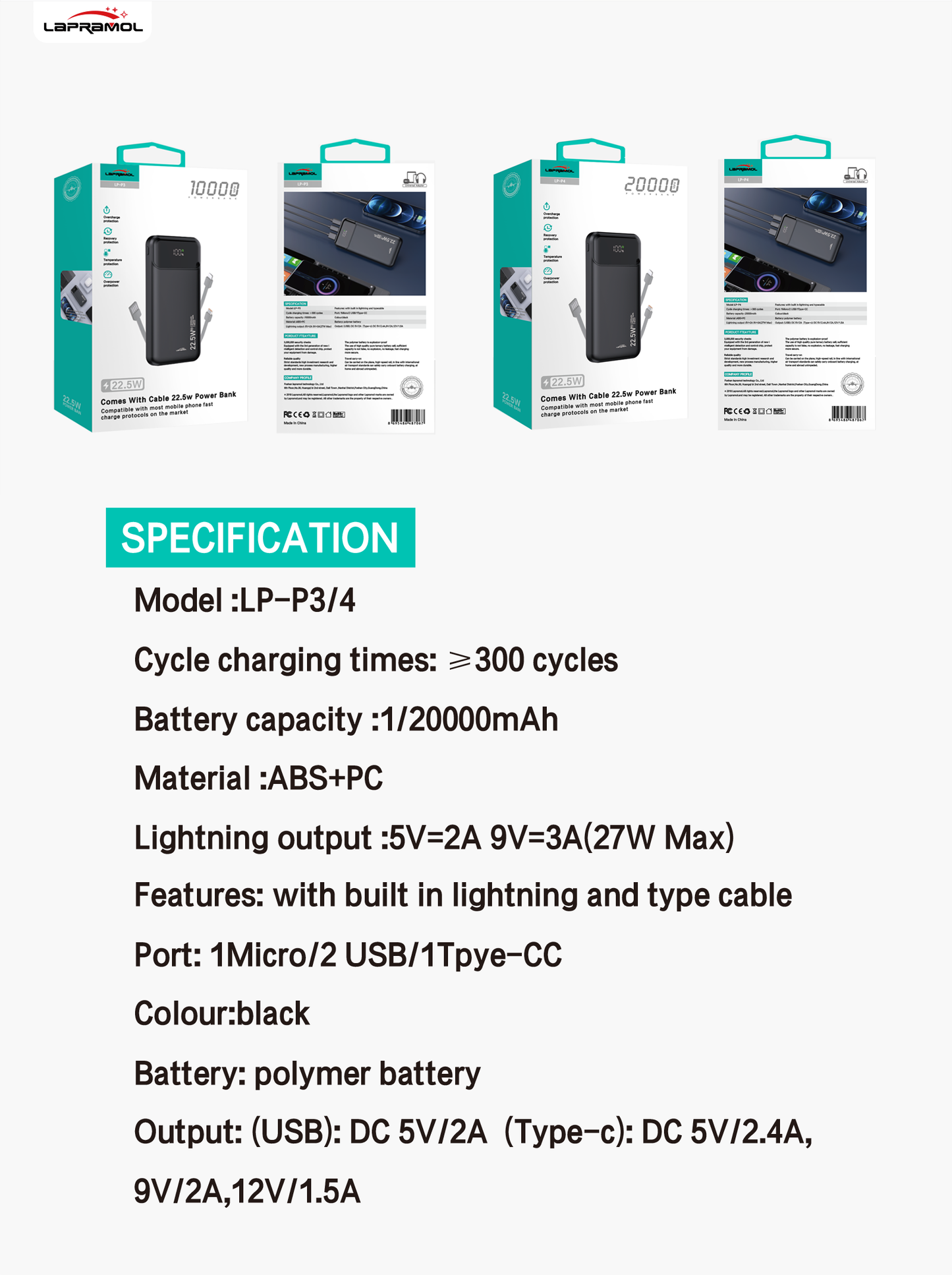Lapramol LP-P3/4 Power Bank (10,000mAh & 20,000mAh, 27W Fast Charging, Built-In Cables & Display)