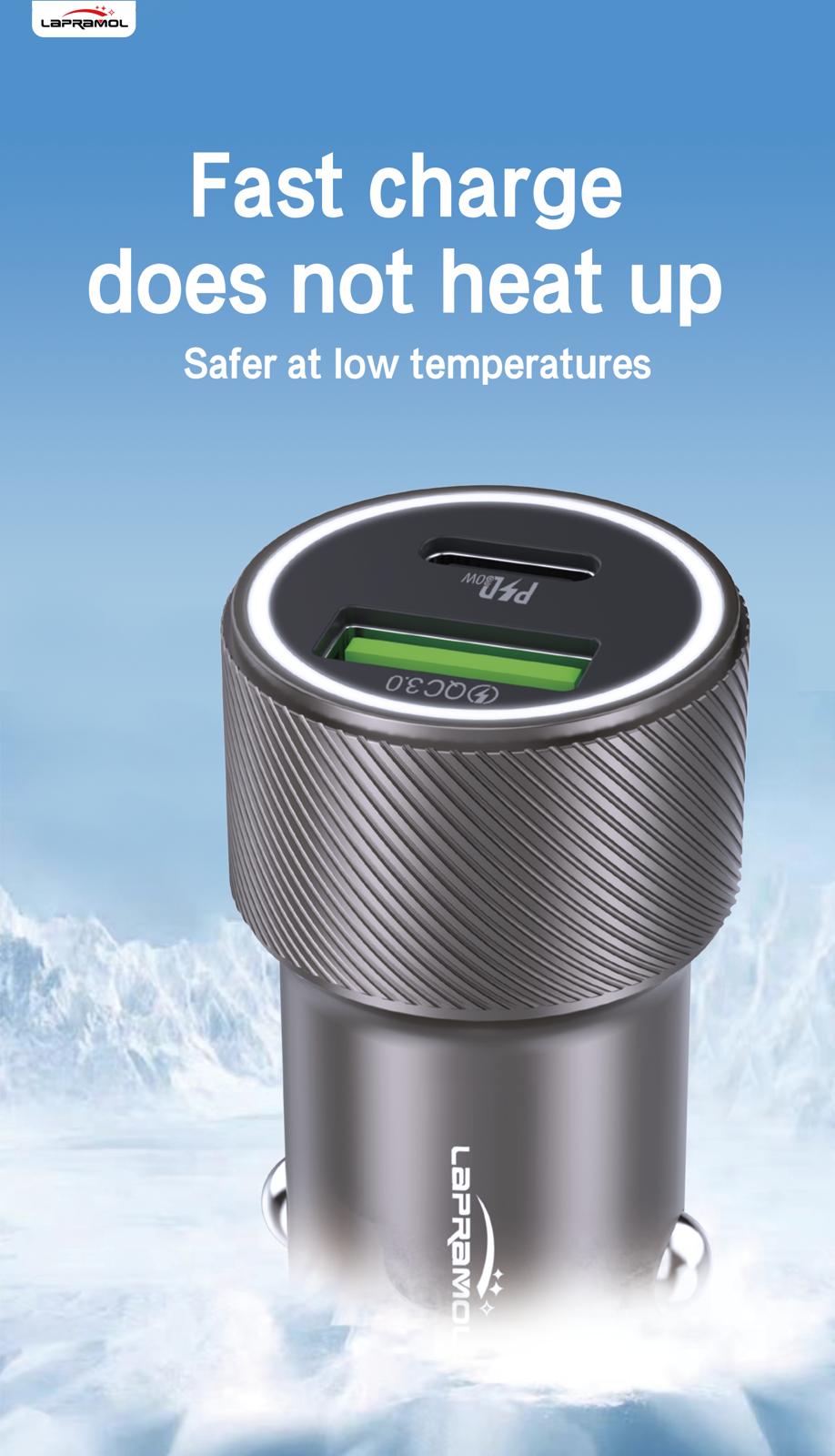 Lapramol LP-R30 48W PD + QC Fast Car Charger (Dual USB-A & USB-C, High Power, Cooling System)