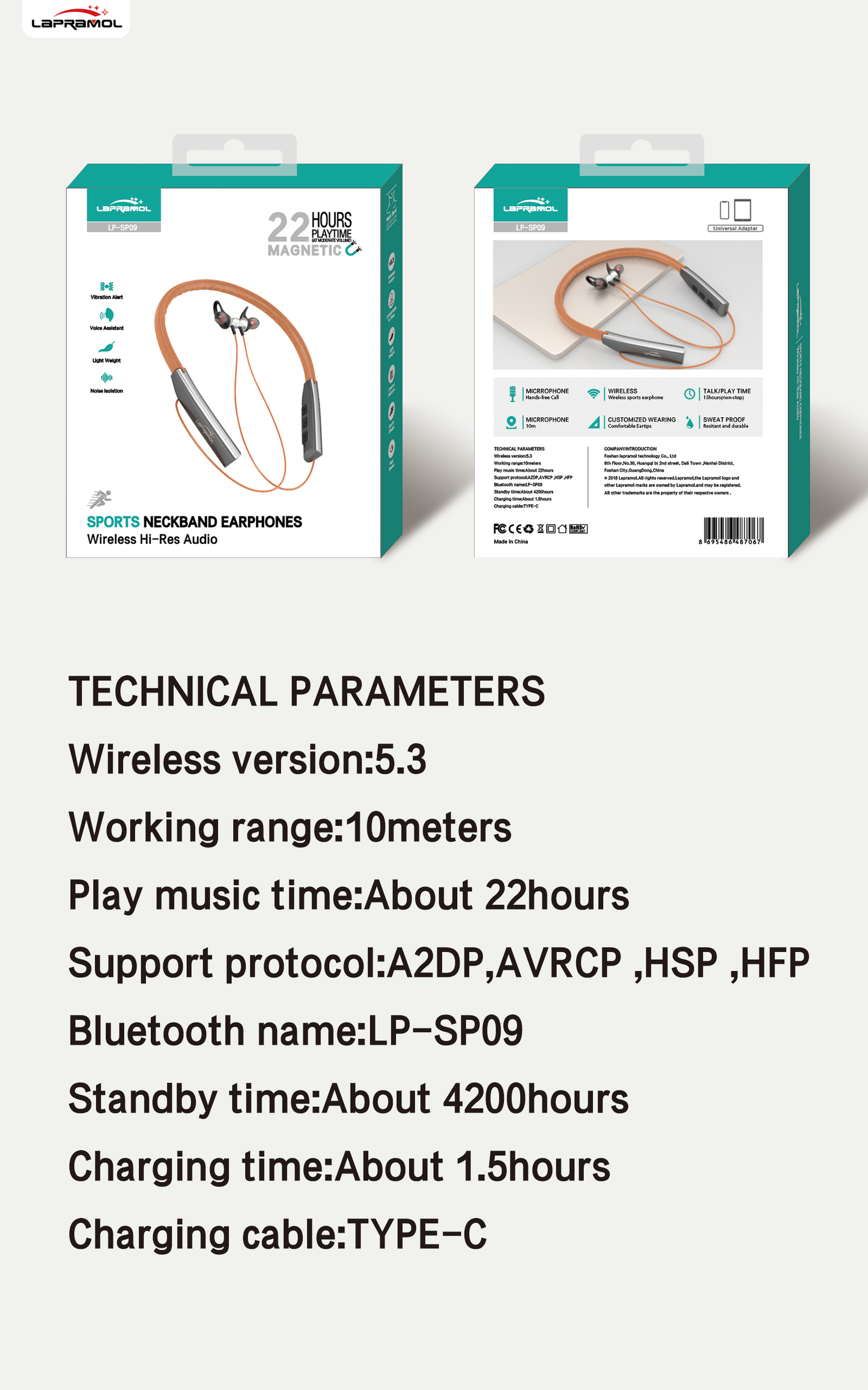 Lapramol LP-SP09 Sports Neckband Wireless Earphones (Bluetooth 5.3, 22H Playtime)