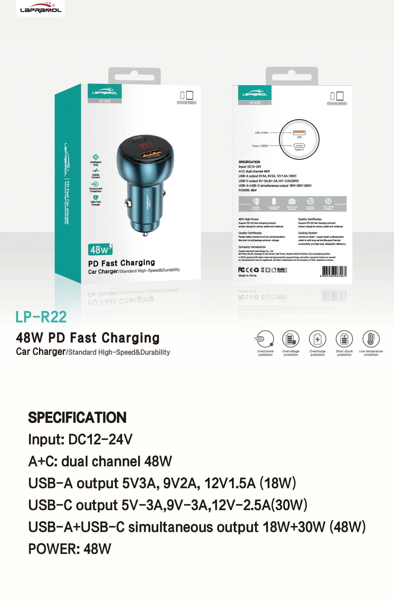 Lapramol LP-R22 48W PD Fast Car Charger (Dual USB-A + USB-C, High-Speed & Durable)