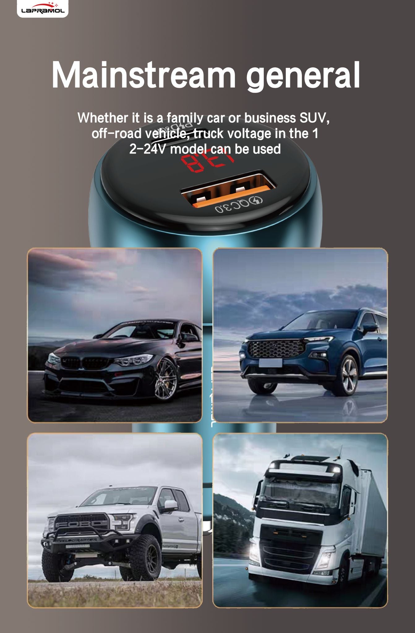 Lapramol LP-R22 48W PD Fast Car Charger (Dual USB-A + USB-C, High-Speed & Durable)