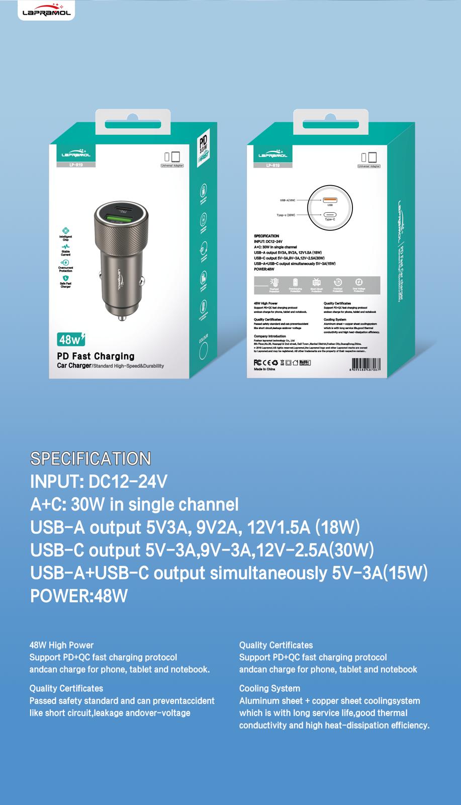 Lapramol LP-R30 48W PD + QC Fast Car Charger (Dual USB-A & USB-C, High Power, Cooling System)