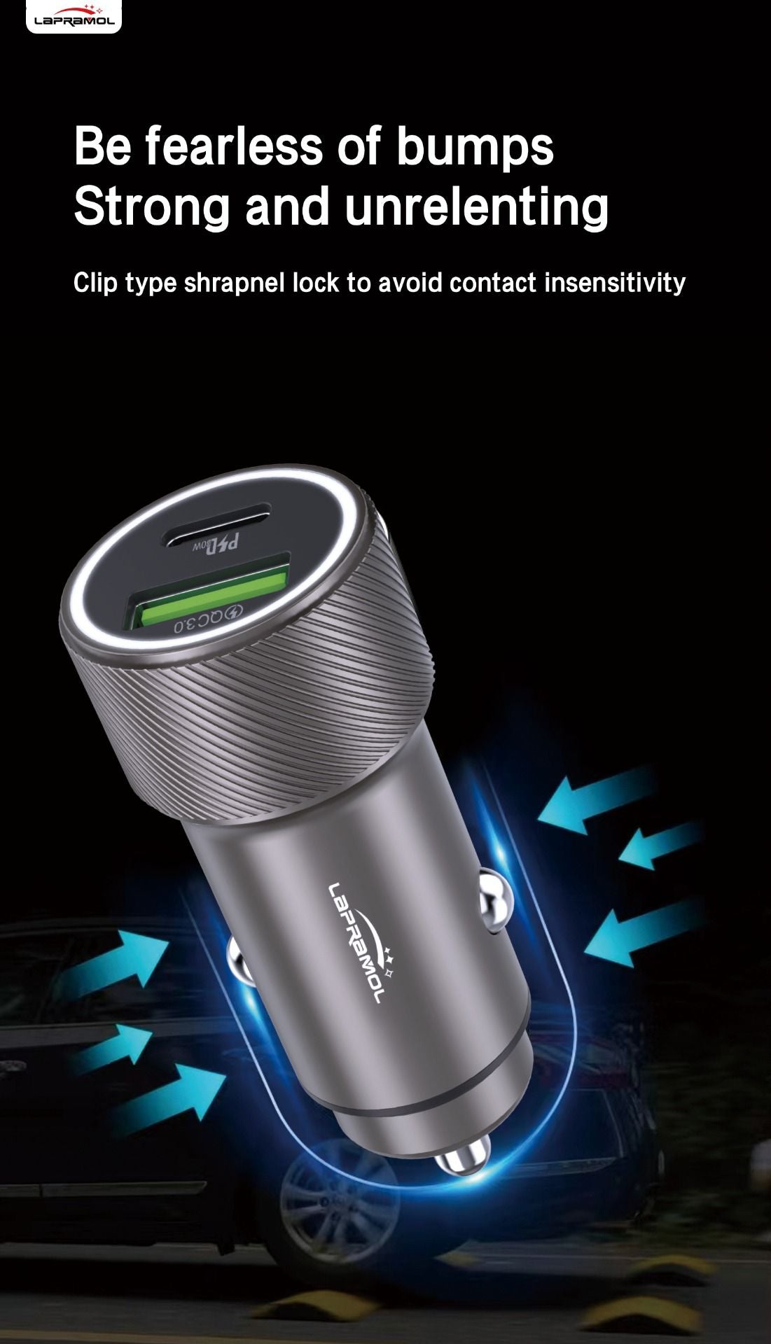 Lapramol LP-R30 48W PD + QC Fast Car Charger (Dual USB-A & USB-C, High Power, Cooling System)