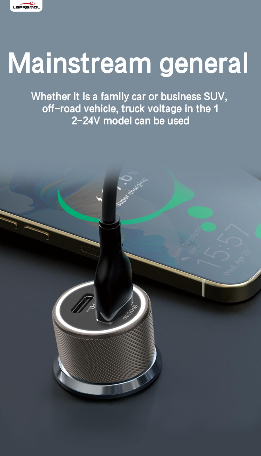 Lapramol LP-R30 48W PD + QC Fast Car Charger (Dual USB-A & USB-C, High Power, Cooling System)